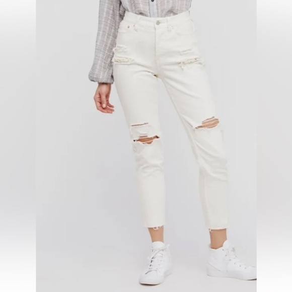 Free People Lacey Stilt Sz 27 Cream Denim Button Fly Distressed Jeans - Picture 2 of 12